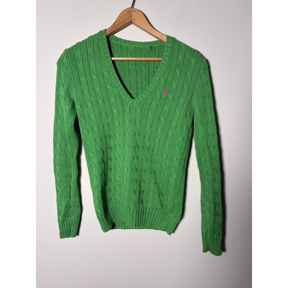 Vtg Polo Ralph Lauren Sport Green Cable Knit V-Neck Sweater Womens Size M Preppy